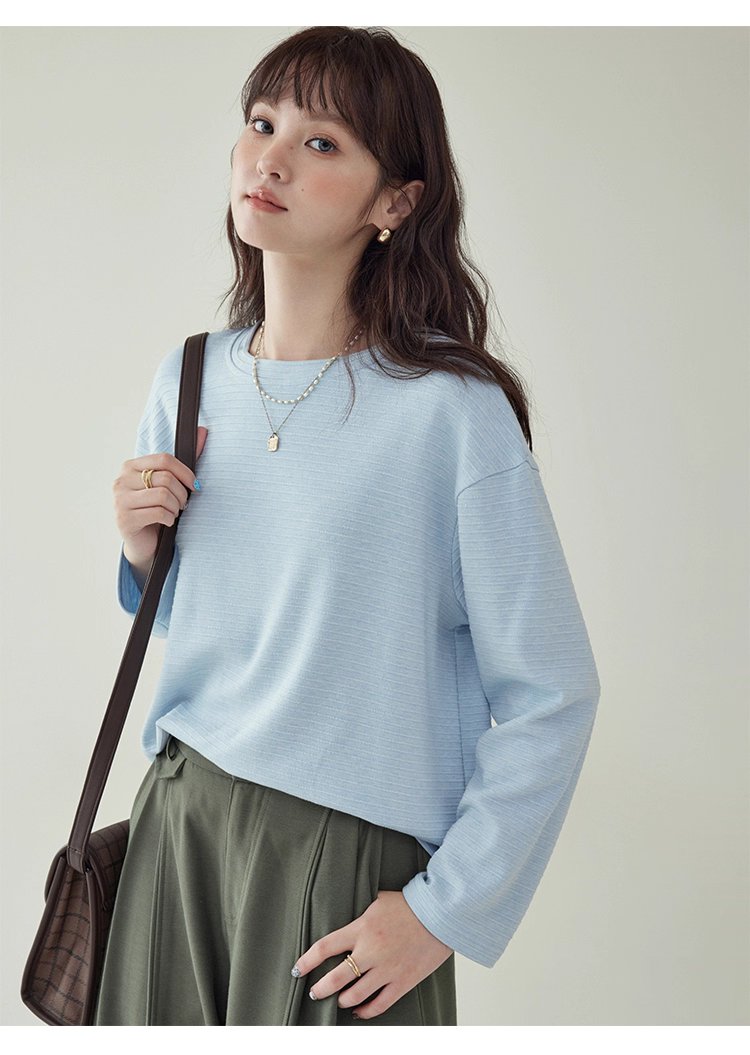 韓系藍線圓領長袖T恤女秋季新款簡約寬鬆上衣