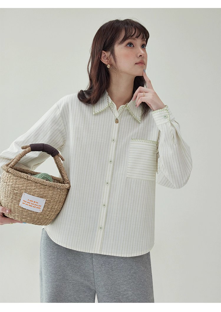 反線條單排扣長袖襯衫女秋季新款polo領寬鬆上衣