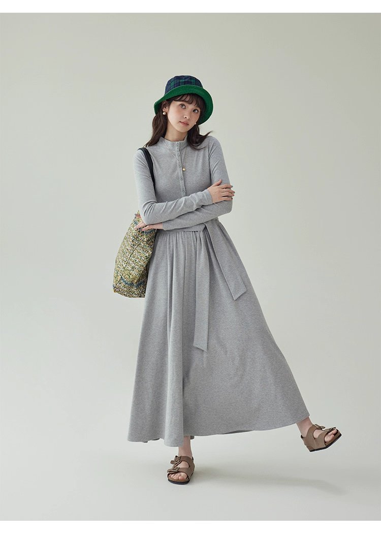 灰色修身高腰綁帶洋裝女秋新款長袖收腰T恤裙