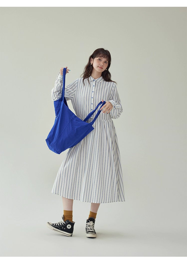 藍條紋娃娃領純棉洋裝女秋新款寬鬆長袖襯衫裙,藍條紋娃娃領純棉洋裝女秋新款寬鬆長袖襯衫裙,HBEW7043,藍條紋娃娃領純棉洋裝女秋新款寬鬆長袖襯衫裙,襯衫洋裝,全棉面料