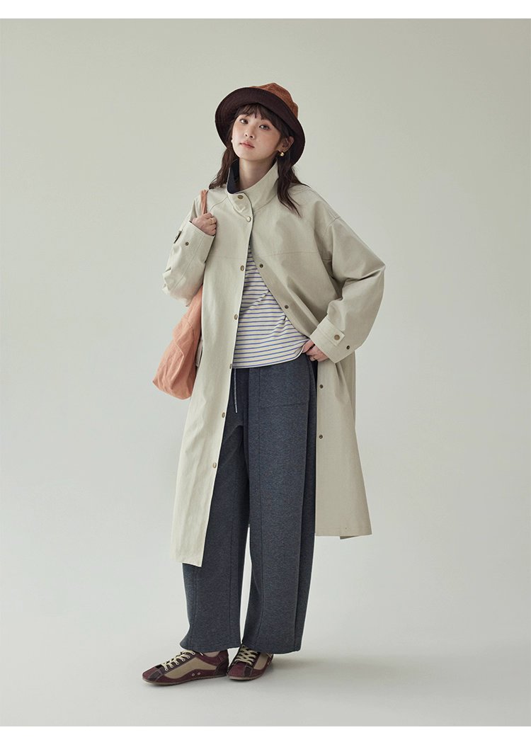 日系純色立領長風衣外套女秋新款寬鬆長袖上衣