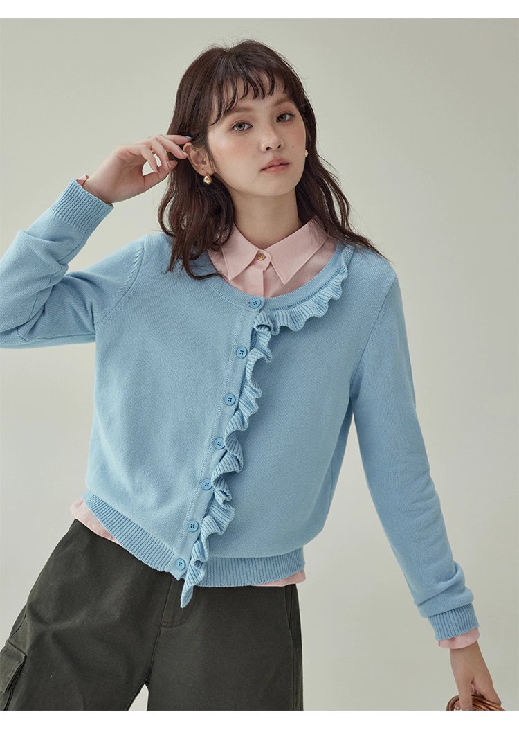 設計感木耳邊連結針織衫女秋季新款純棉長袖上衣,設計感木耳邊連結針織衫女秋季新款純棉長袖上衣,HBEW1096,設計感木耳邊連結針織衫女秋季新款純棉長袖上衣,圓領排扣,全棉面料