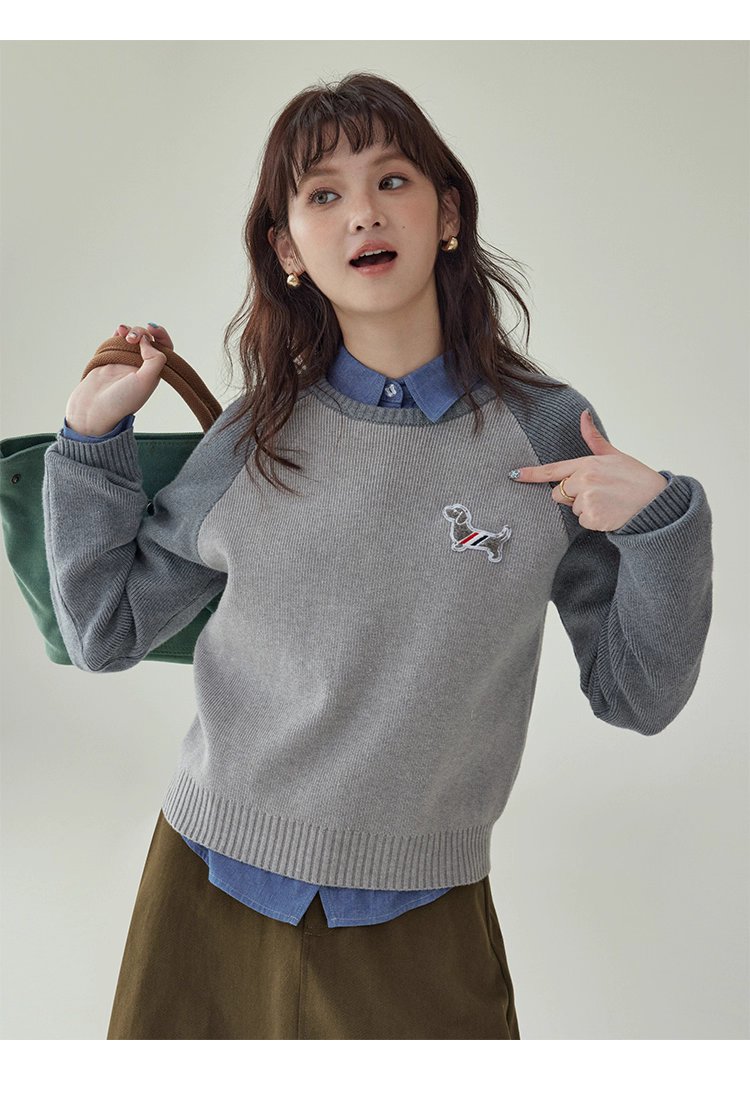 拼色插肩長袖短版針織衫女秋季新款小狗刺繡上衣