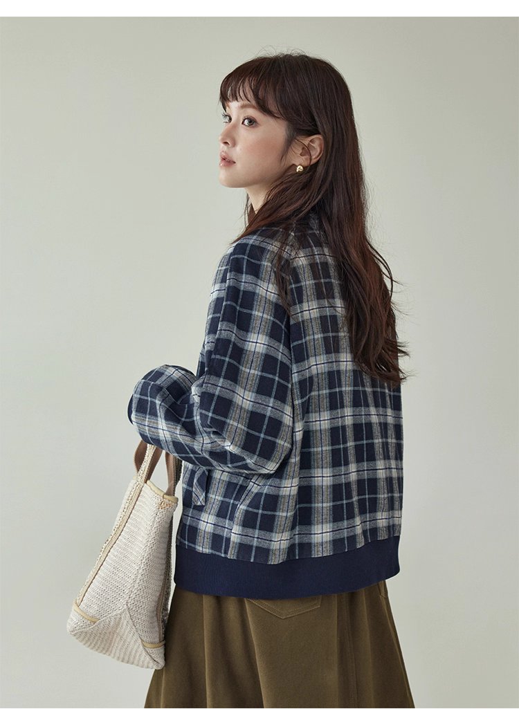 撞色格紋插肩袖摁扣外套女秋季新款長袖外套上衣