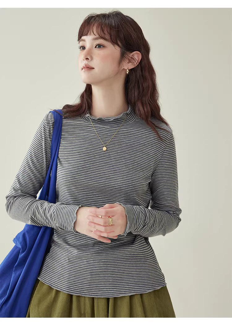 花邊半高領內搭T恤女冬季新款百搭條紋長袖上衣,花邊半高領內搭T恤女冬季新款百搭條紋長袖上衣,HBEW1153,花邊半高領內搭T恤女冬季新款百搭條紋長袖上衣,木耳邊,條紋造型