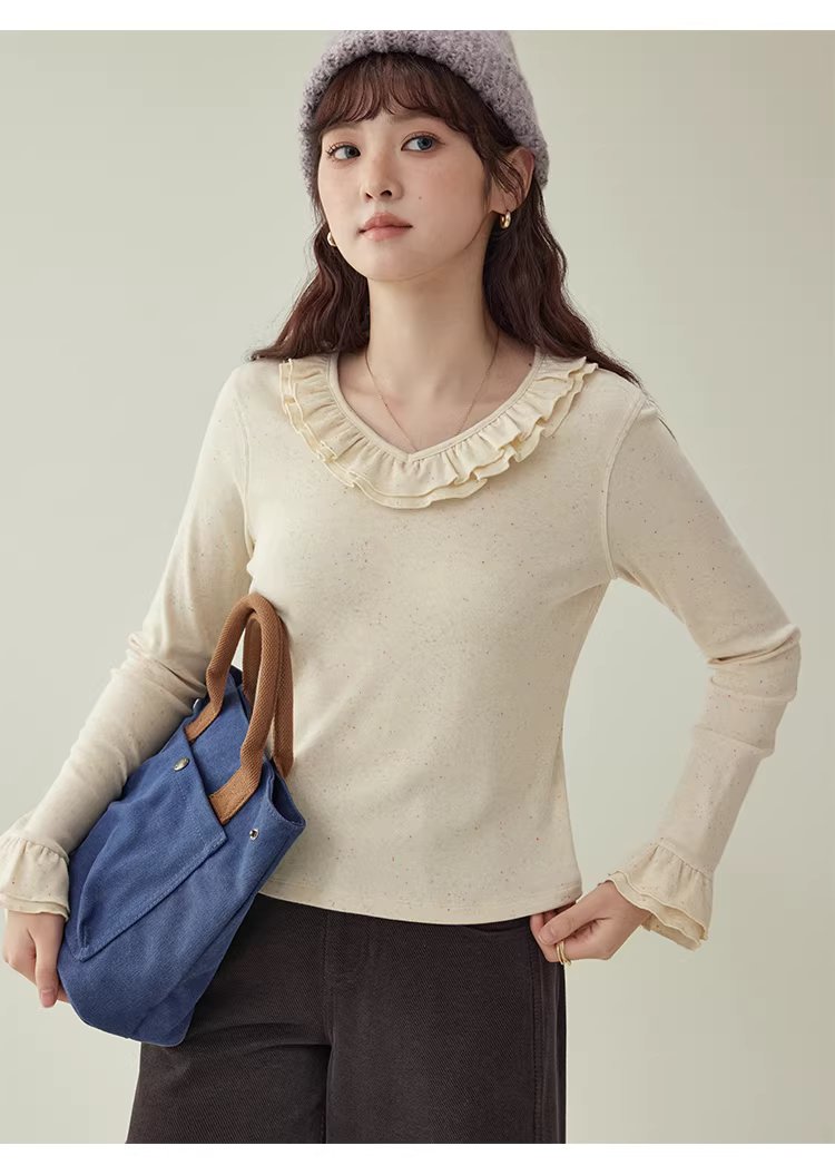 彩點荷葉邊v領厚T恤女冬季新款甜美打底長袖上衣,彩點荷葉邊v領厚T恤女冬季新款甜美打底長袖上衣,HBEW1186,彩點荷葉邊v領厚T恤女冬季新款甜美打底長袖上衣,荷葉邊領,彩點面料