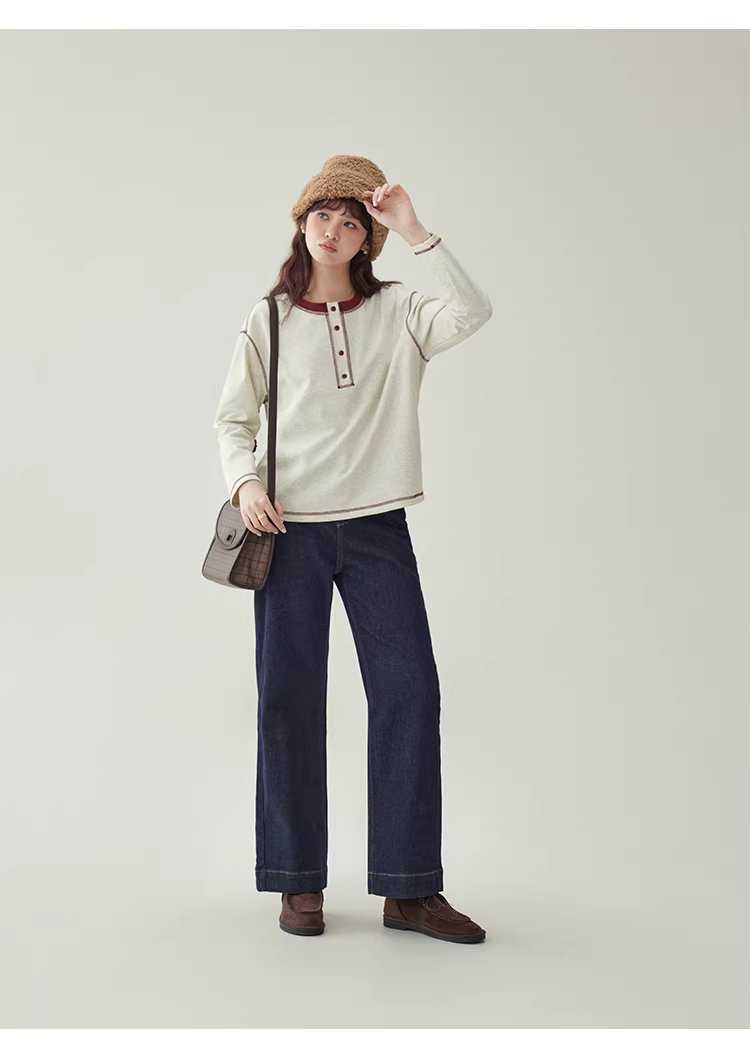 撞色反線落肩袖T恤女冬季新款半開扣圓領上衣,撞色反線落肩袖T恤女冬季新款半開扣圓領上衣,HBEW1192,撞色反線落肩袖T恤女冬季新款半開扣圓領上衣,半開排扣,舒適面料