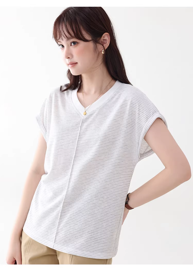 拼色條紋v領短袖T恤女夏季新款簡約寬鬆百搭上衣,拼色條紋v領短袖T恤女夏季新款簡約寬鬆百搭上衣,HBFS1097,拼色條紋v領短袖T恤女夏季新款簡約寬鬆百搭上衣,V領造型,舒適面料
