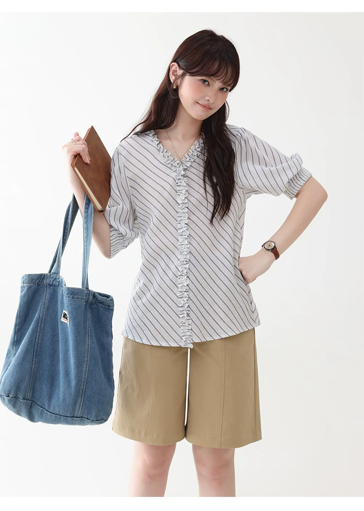 藍條紋v領木耳邊襯衫女夏季新款純棉五分袖上衣,藍條紋v領木耳邊襯衫女夏季新款純棉五分袖上衣,HBFS1098,藍條紋v領木耳邊襯衫女夏季新款純棉五分袖上衣,荷葉邊領,全棉面料