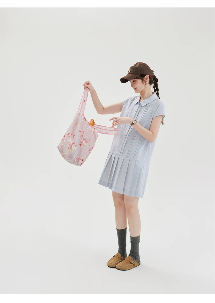 藍色萊賽爾百褶洋裝女夏季新款少女感短袖短裙,藍色萊賽爾百褶洋裝女夏季新款少女感短袖短裙,HBFS7144,藍色萊賽爾百褶洋裝女夏季新款少女感短袖短裙,綁帶衣領,天絲混棉