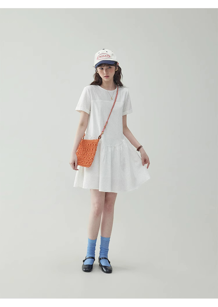 法式白色寬鬆短袖連身裙女25夏季新款小個子短裙