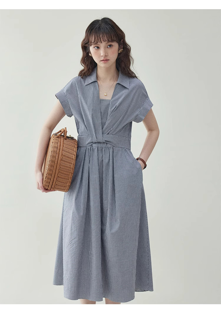 黑白格紋扭結短袖連身裙女夏季新款收腰a字中裙