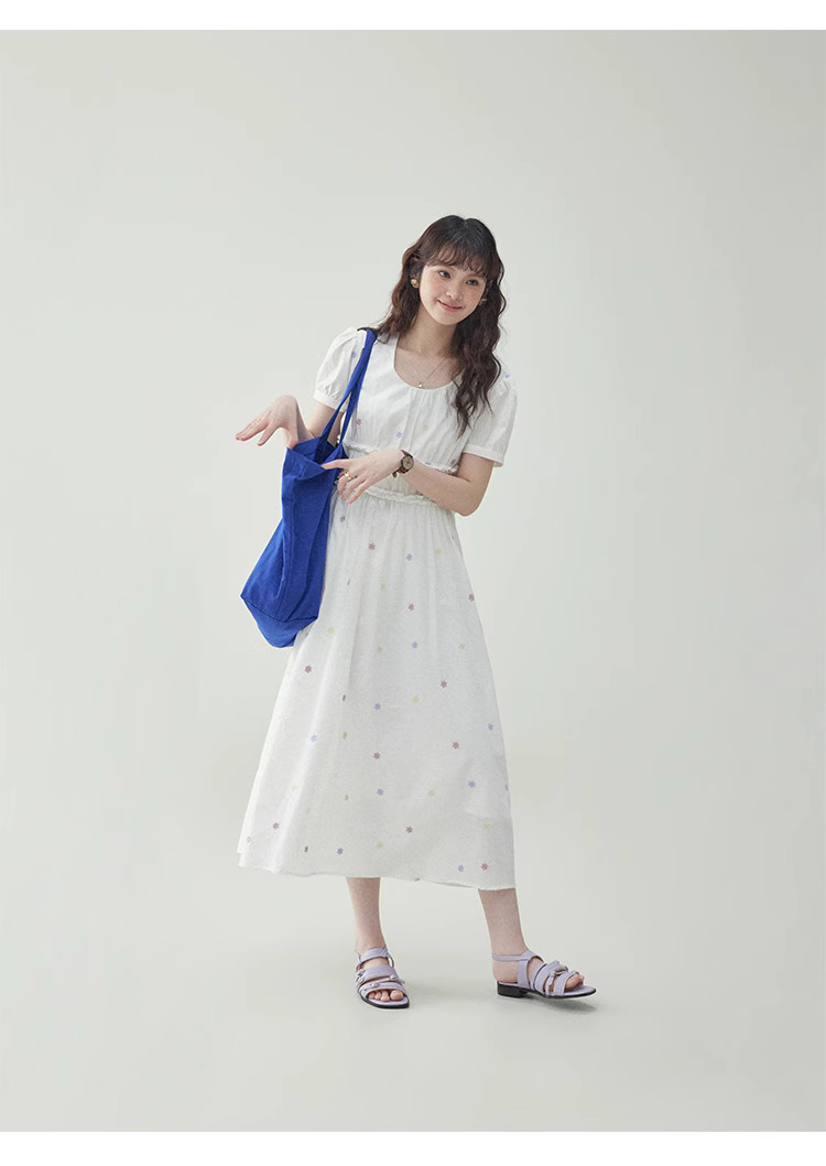 白色花邊純棉碎花洋裝女夏季新款收腰a字中裙