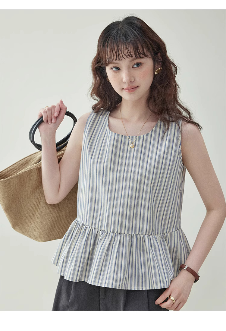 豎條紋無袖純棉娃娃襯衫女夏季新款寬鬆背心上衣
