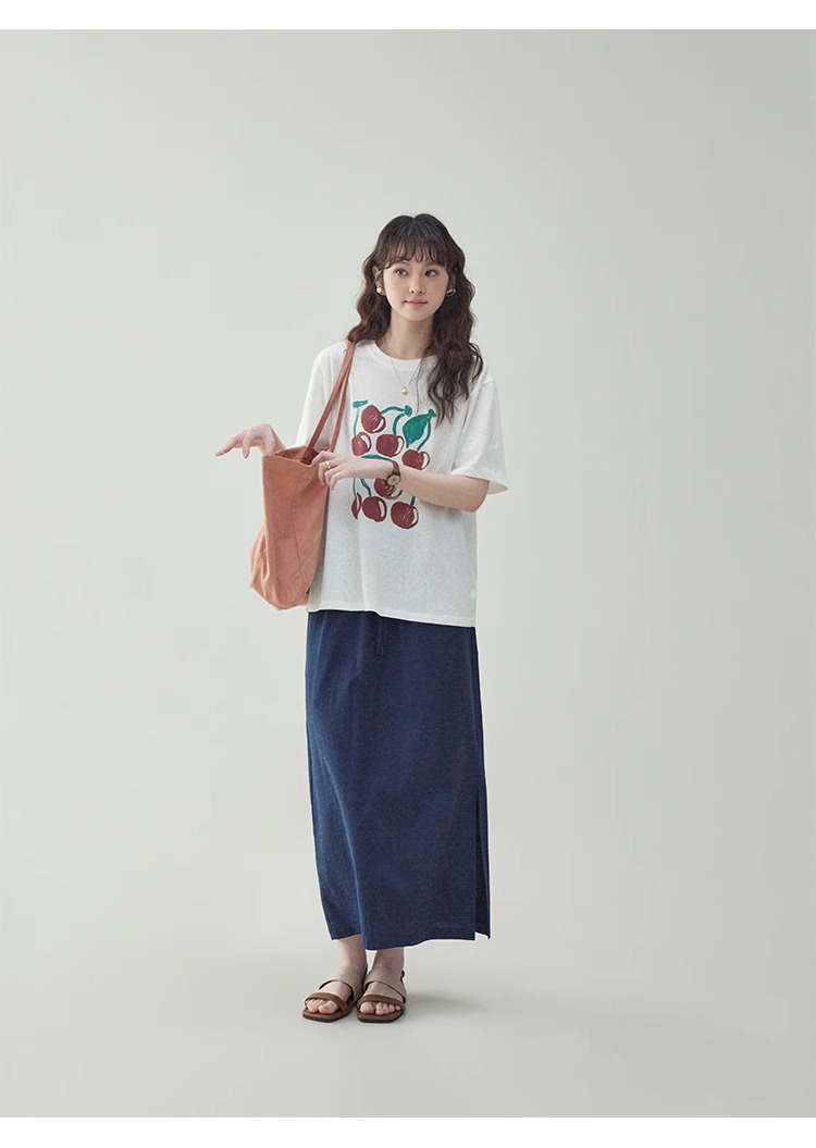 拼色櫻桃印花純棉短袖t卹女夏新款寬鬆百搭上衣