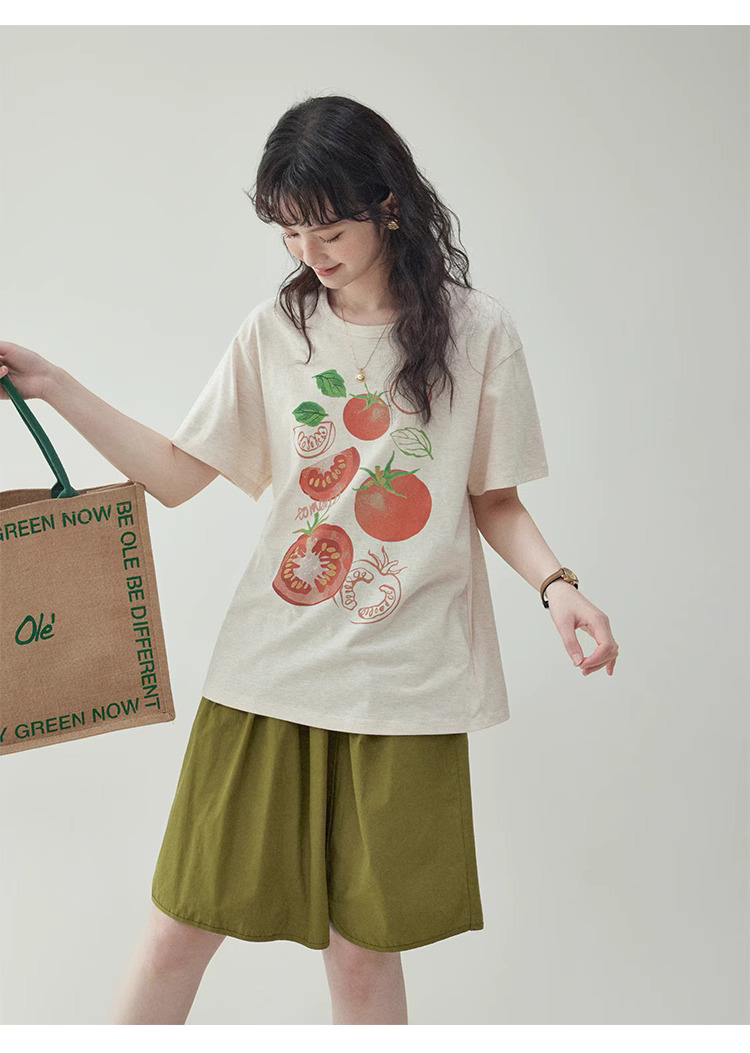 番茄印花圓領純棉短袖T恤女夏季新款少女感上衣