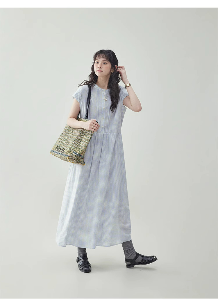 藍格紋花苞袖純棉洋裝女夏季新款寬鬆減齡長裙