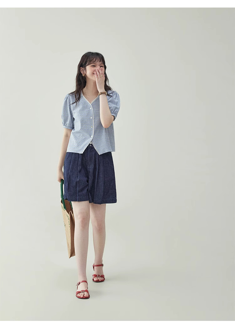 藍格泡泡袖短版純棉襯衫女夏季新款甜美寬鬆上衣