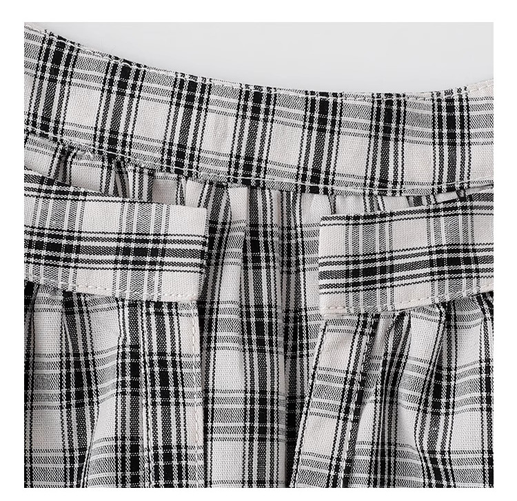 黑格抽繩v領純棉洋裝女夏季新款a字短袖中長裙