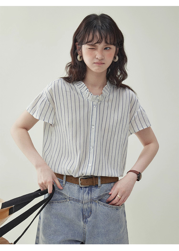 清爽豎紋花邊領短袖襯衫女夏季新款純棉寬鬆上衣