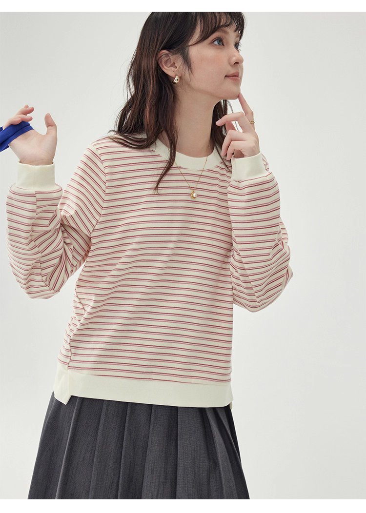 條紋不規則下擺衛衣T恤女秋季新款圓領長袖上衣