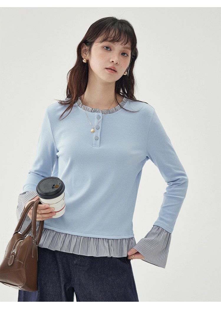 撞色拼接襯衫喇叭袖t卹女秋季新款寬鬆長袖上衣