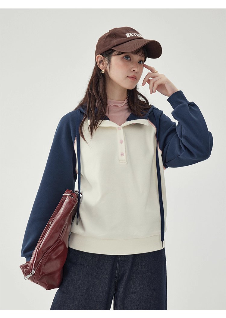 撞色插肩長袖連帽衛衣T恤女25秋季新款減齡上衣