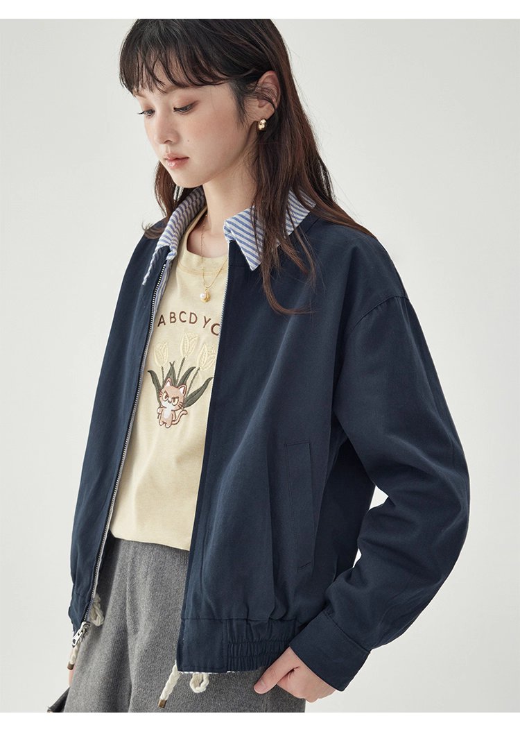 韓國翻領兩面穿拉鍊外套女秋季新款純棉長袖上衣