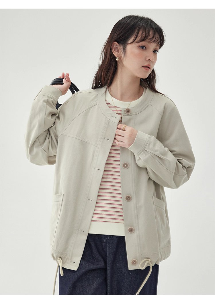 純色單排扣抽繩下擺外套女秋季新款圓領長袖上衣