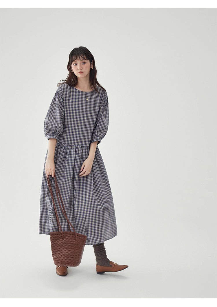 日系格紋燈籠袖洋裝女秋季新款寬鬆純棉a字裙