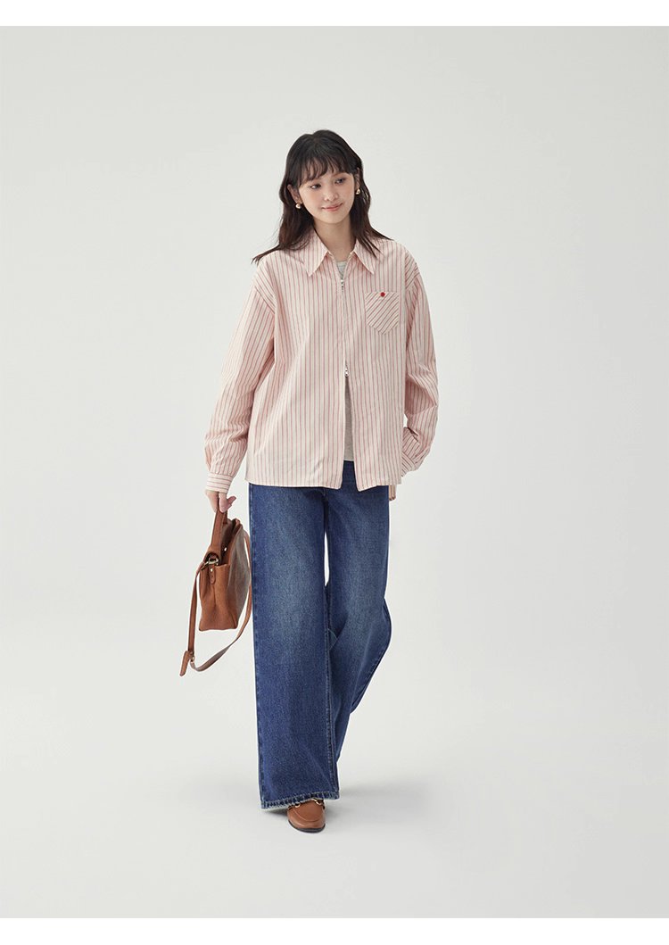 粉紅色圖案雙拉鍊長袖襯衫女秋季新款純棉外套上衣