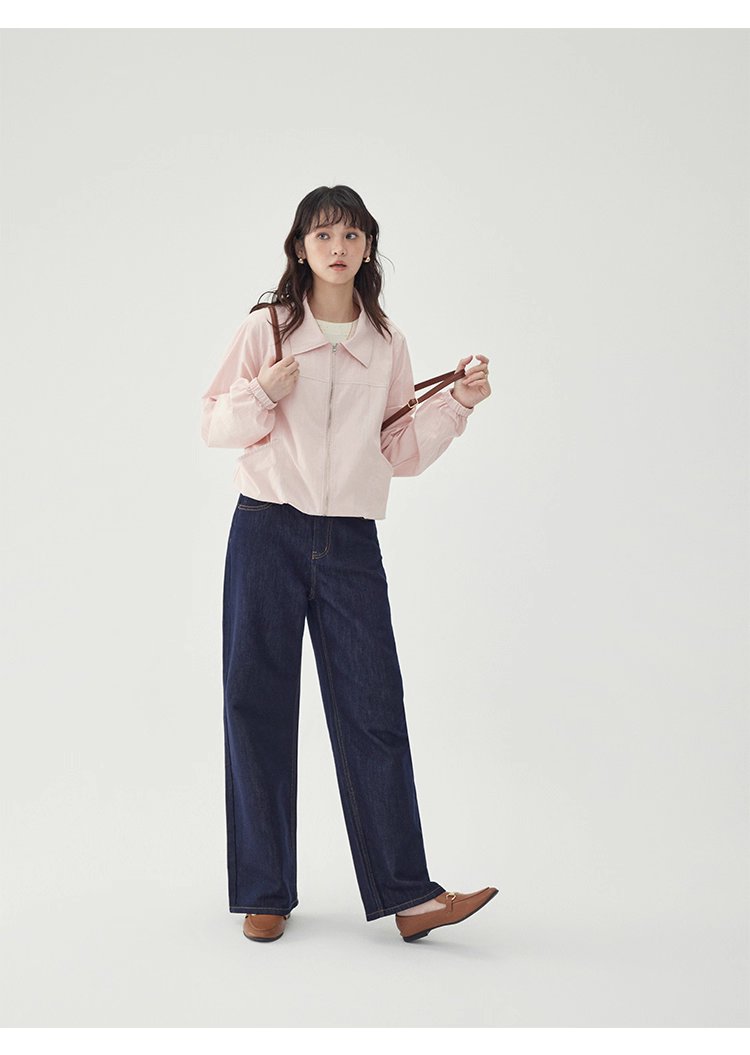 少女感粉紅拉鍊長袖外套女秋季新款翻領短版上衣