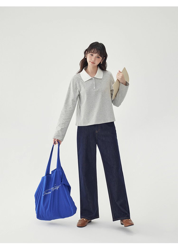 灰色條紋polo半開領t卹女秋季新款寬鬆長袖上衣