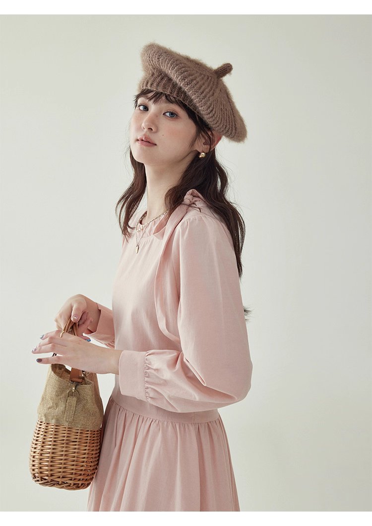 法式繫帶圓領粉紅洋裝女秋新款長袖a字中長裙