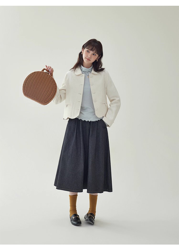 小香風純色單排扣短外套女秋新款波浪擺長袖上衣