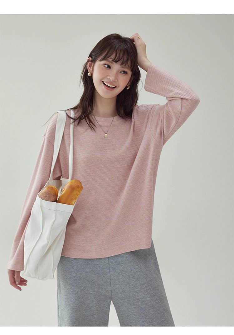 韓系藍線圓領長袖T恤女秋季新款簡約寬鬆上衣