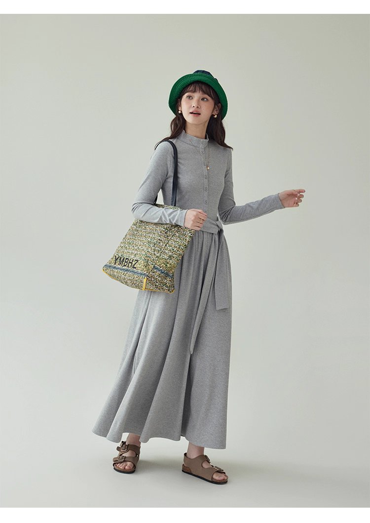 灰色修身高腰綁帶洋裝女秋新款長袖收腰T恤裙