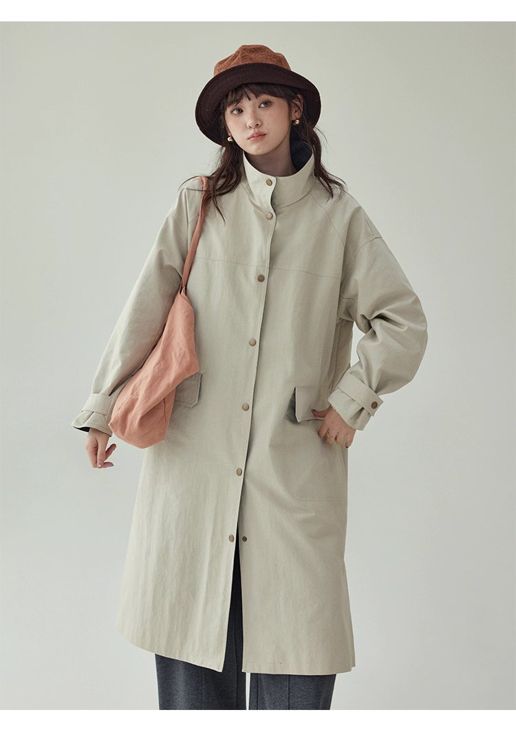 日系純色立領長風衣外套女秋新款寬鬆長袖上衣