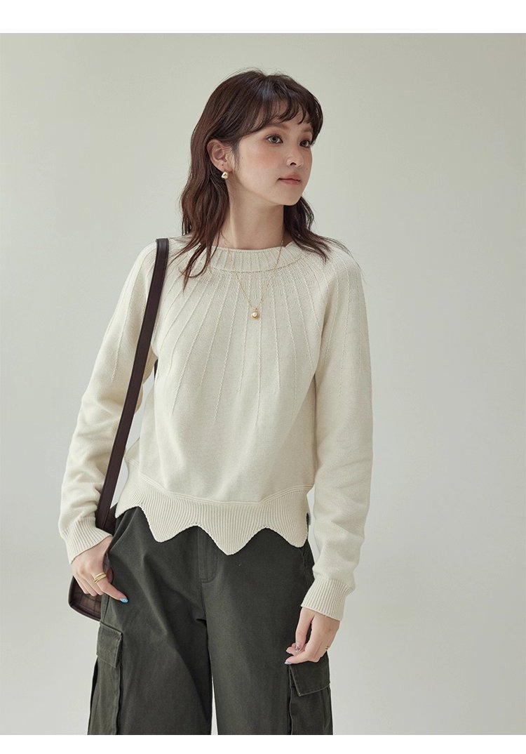 設計感波浪下擺純棉針織衫女秋冬季新款長袖上衣