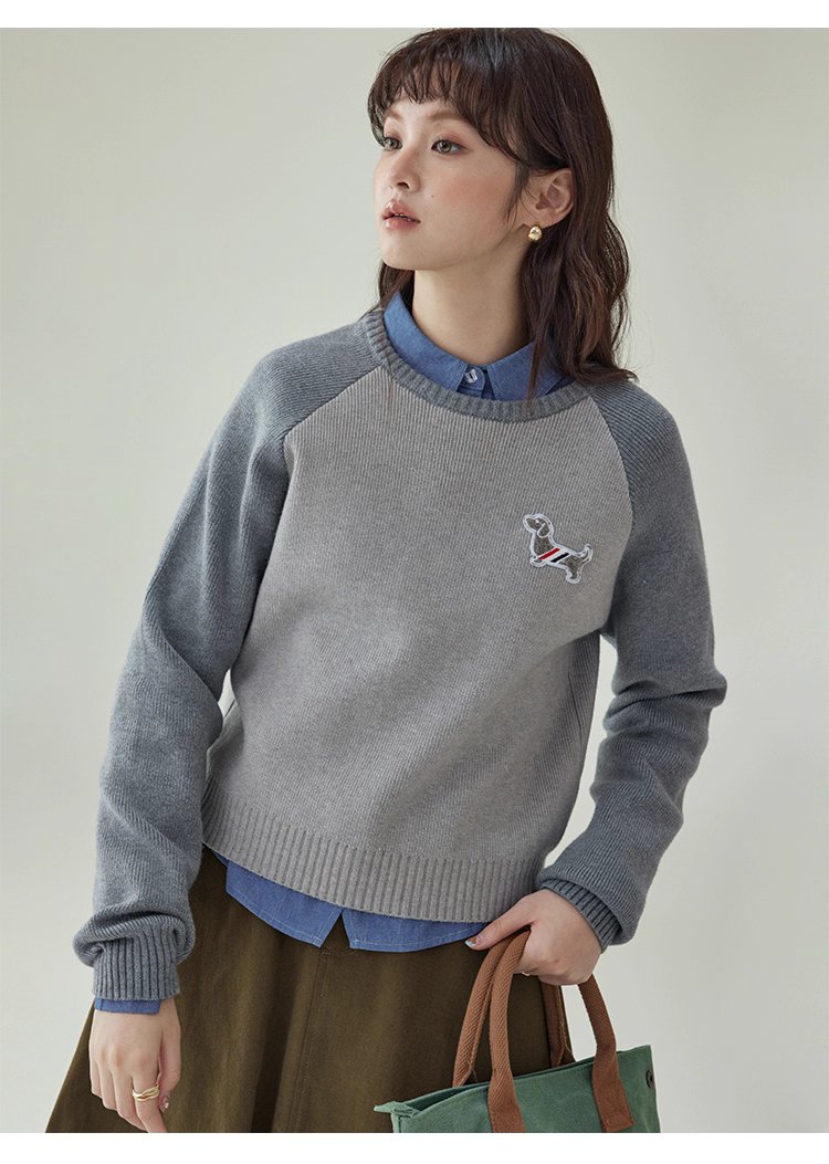 拼色插肩長袖短版針織衫女秋季新款小狗刺繡上衣