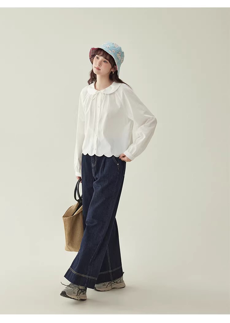 少女感蕾絲娃娃領襯衫女25冬季新款白色長袖上衣,HBEW1142,少女感蕾絲娃娃領襯衫女25冬季新款白色長袖上衣,娃娃領,花瓣衣襬,細節滿分