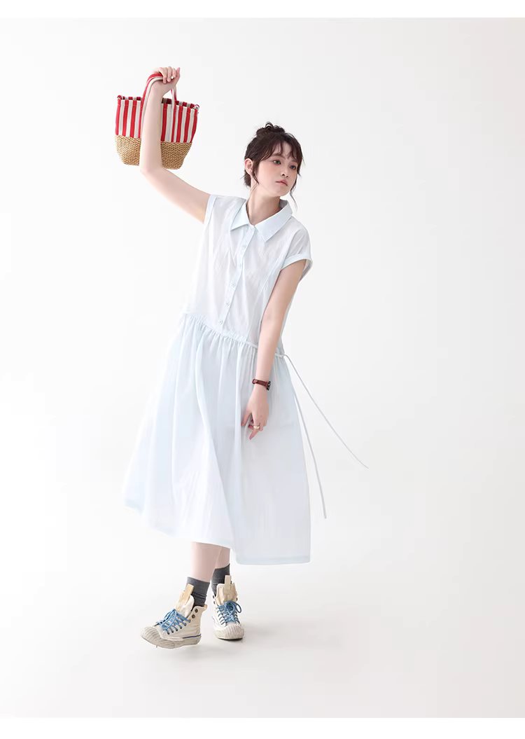 純色繫帶收腰大擺洋裝女26夏季新款polo領長裙,純色繫帶收腰大擺洋裝女26夏季新款polo領長裙,HBFS7017,純色繫帶收腰大擺洋裝女26夏季新款polo領長裙,襯衫洋裝,天絲混棉