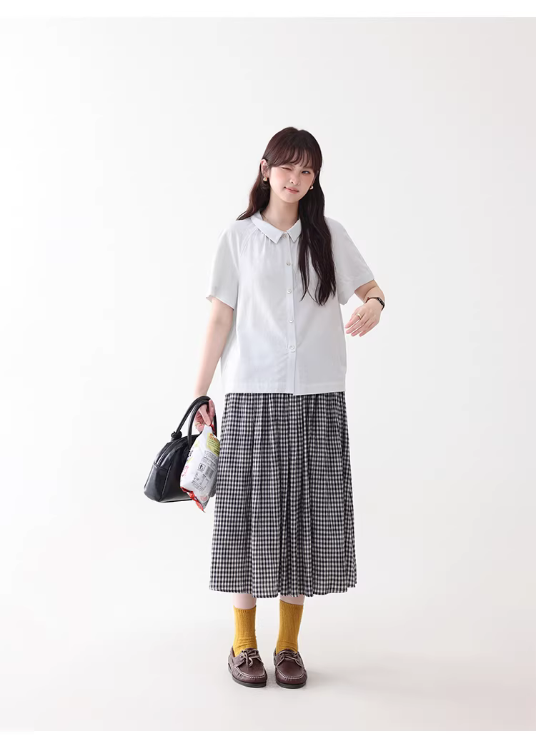 法式純色小翻領短袖襯衫女夏新款單排扣寬鬆上衣,法式純色小翻領短袖襯衫女夏新款單排扣寬鬆上衣,HBFS1086,法式純色小翻領短袖襯衫女夏新款單排扣寬鬆上衣,法式甜美,天絲100%
