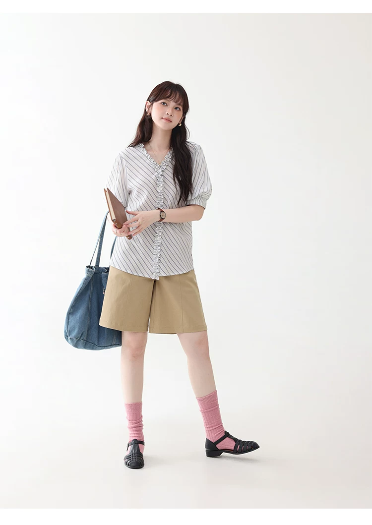 藍條紋v領木耳邊襯衫女夏季新款純棉五分袖上衣,藍條紋v領木耳邊襯衫女夏季新款純棉五分袖上衣,HBFS1098,藍條紋v領木耳邊襯衫女夏季新款純棉五分袖上衣,荷葉邊領,全棉面料