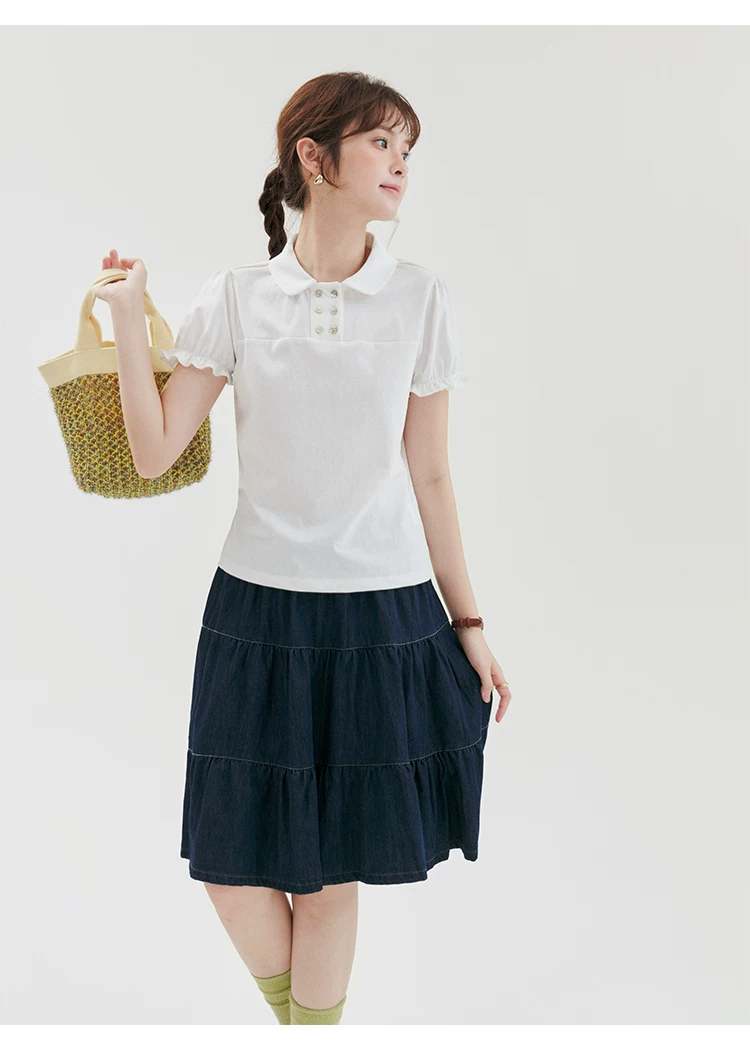 雙排扣元寶領蕾絲短袖T恤女夏新款甜美白色上衣,雙排扣元寶領蕾絲短袖T恤女夏新款甜美白色上衣,HBFS1279,雙排扣元寶領蕾絲短袖T恤女夏新款甜美白色上衣,雙排扣,修身版型