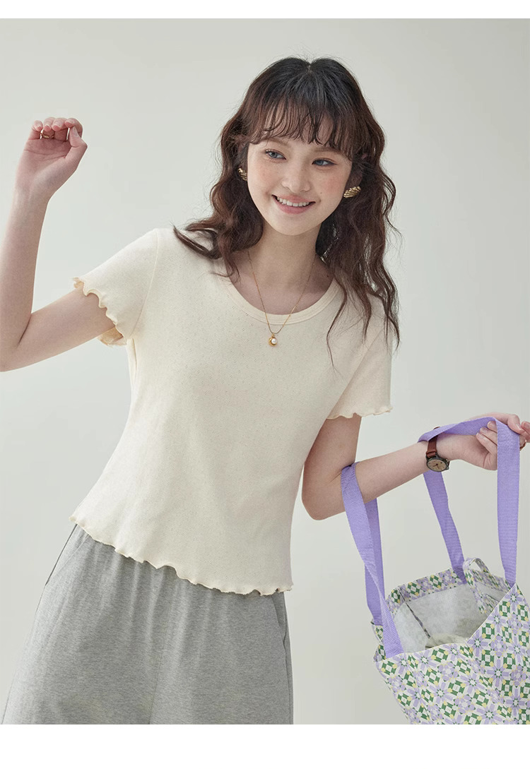 木耳邊純棉短袖提花t卹女夏新款純色短上衣