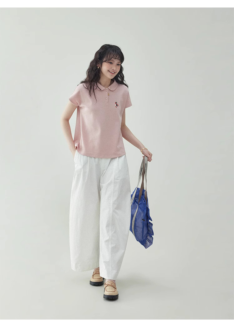 粉紅娃娃領企鵝刺繡T恤女夏季新款減齡短袖上衣