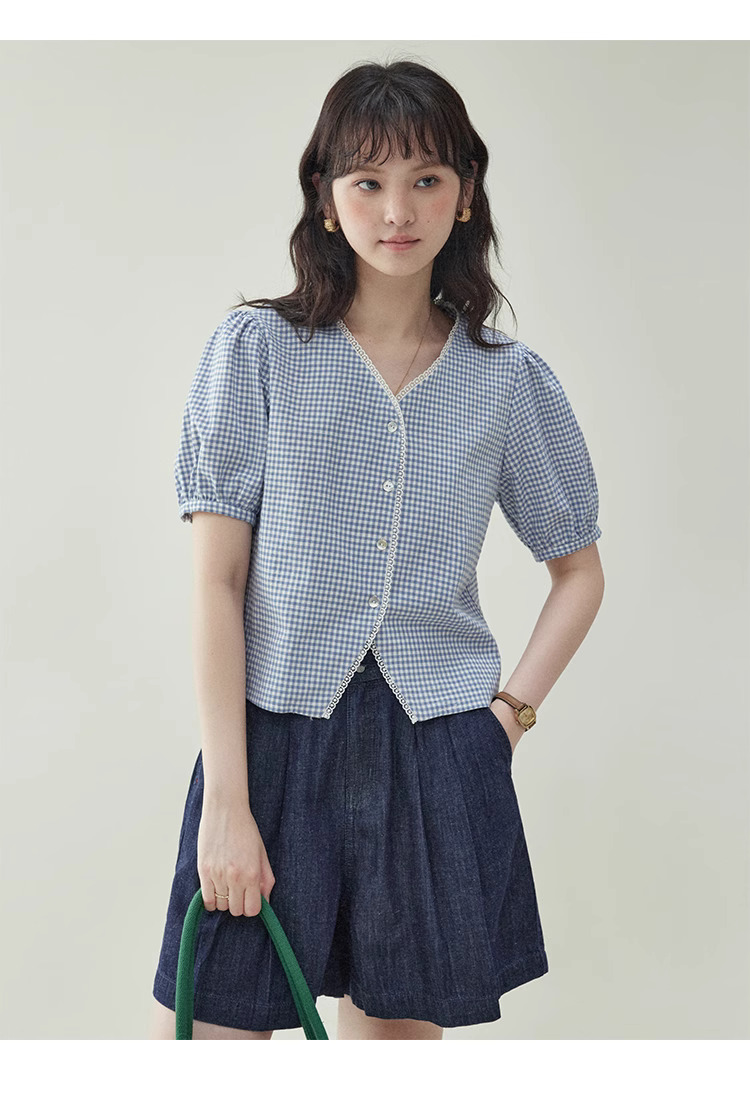 藍格泡泡袖短版純棉襯衫女夏季新款甜美寬鬆上衣