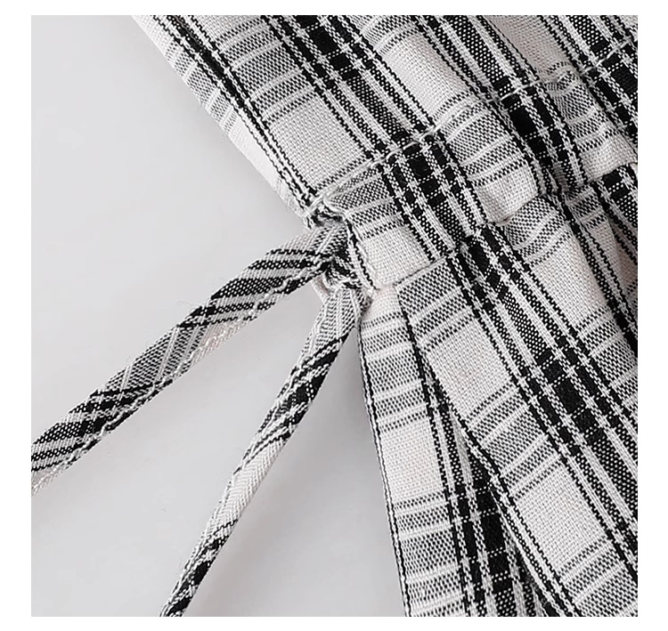 黑格抽繩v領純棉洋裝女夏季新款a字短袖中長裙