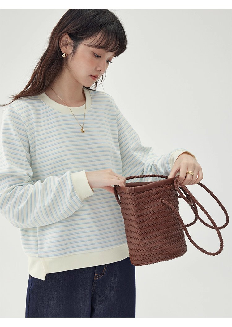 條紋不規則下擺衛衣T恤女秋季新款圓領長袖上衣